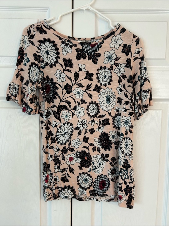 LOFT Tops - NWOT LOFT Women’s Pink Flower Print Ruffle Sleeve Tunic Blouse Shirt Size PS
